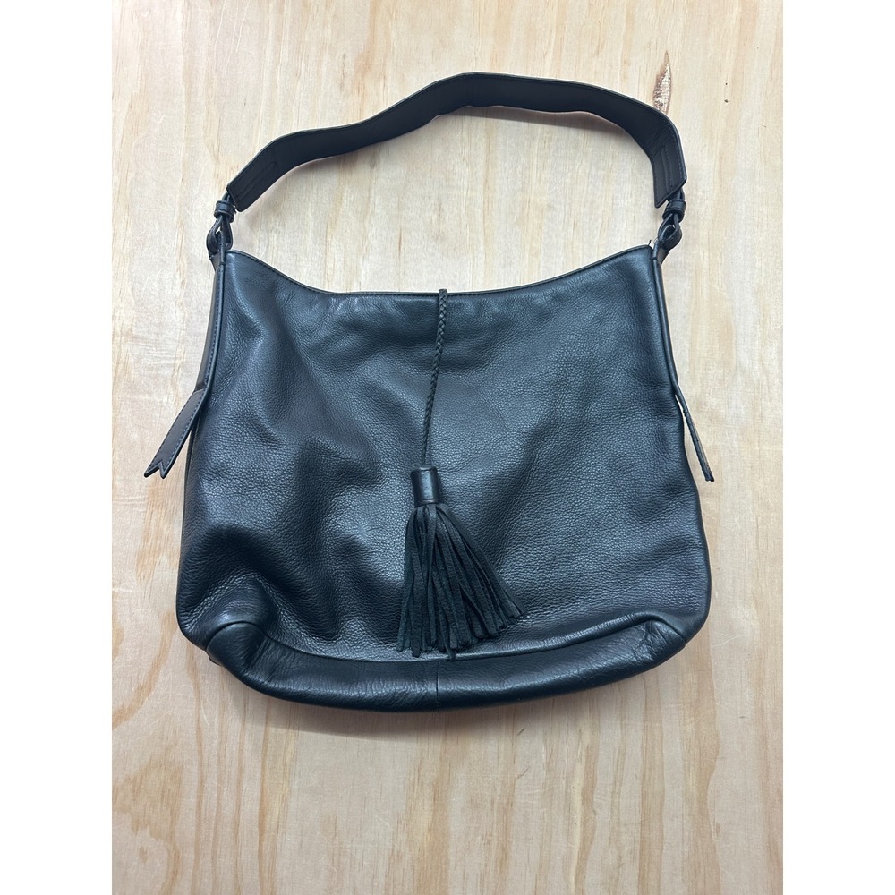 Margot Black Pebbled Leather Hobo Shoulder Bag with Tassel Accent Boho Slouchy